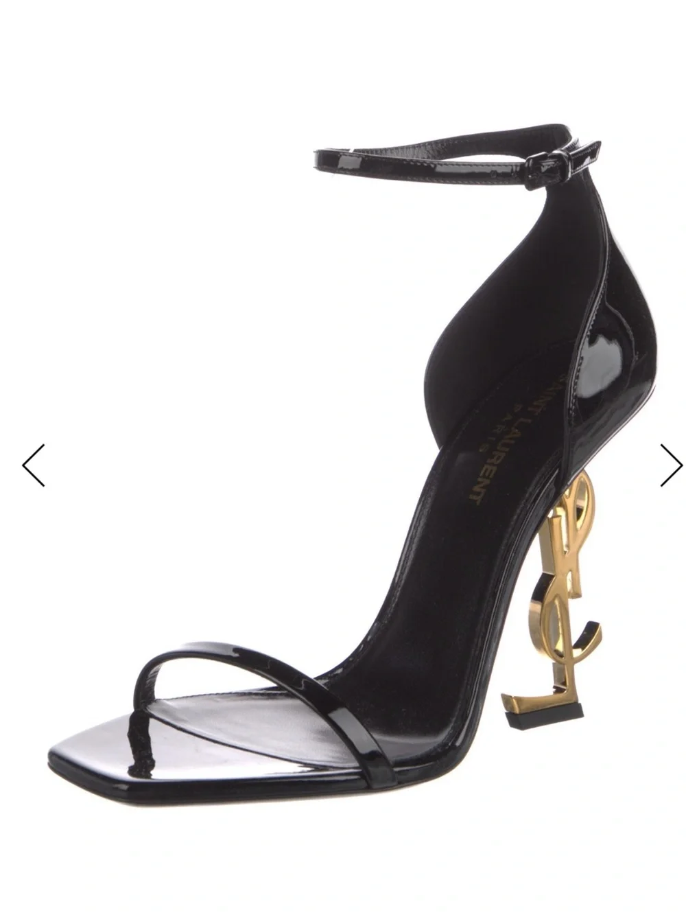 Saint Laurent Black Patent Leather Ankle-Strap Heels with Gold Logo Heel - Picture 5 of 7